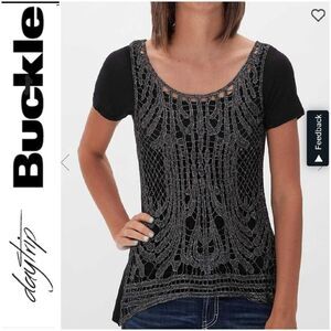 BUCKLE Daytrip Black Metallic Cutout Lace Top Embroidered Sheer Knit Women Shirt